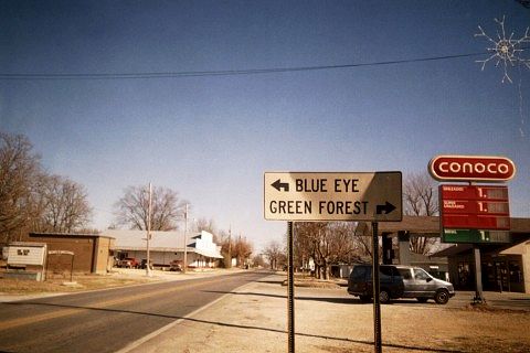 Blue Eye, Missouri destination sign at Missouri 13