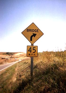 Curve sign for bridge on US 59 in Holt County, Mo.