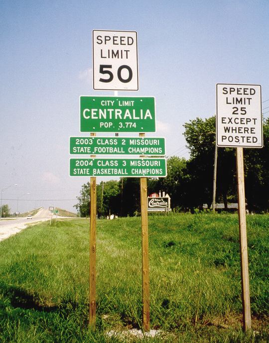 Centralia city-limit sign on Missouri 124