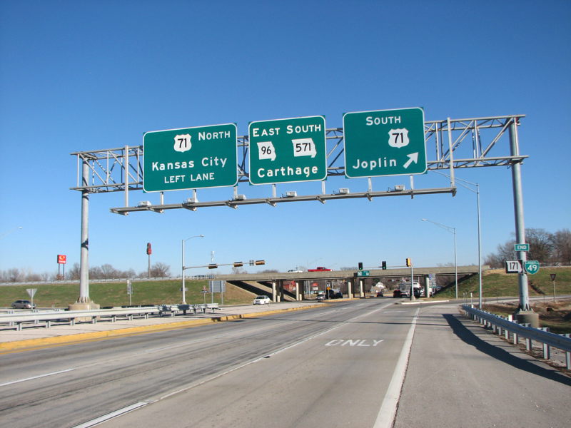 I-49 shield not yet affixed to sign gantry in Carthage, Mo.