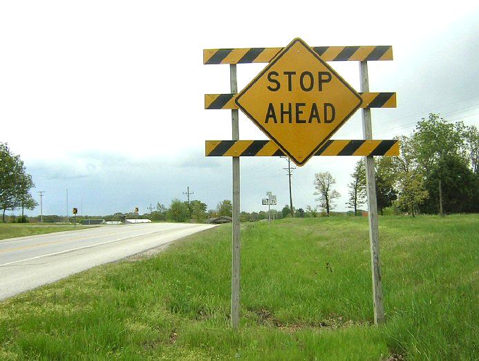 Enhanced stop-ahead sign near Neosho, Mo.