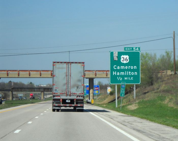 US 36 exit with Missouri 110 designation east of Cameron (2012)