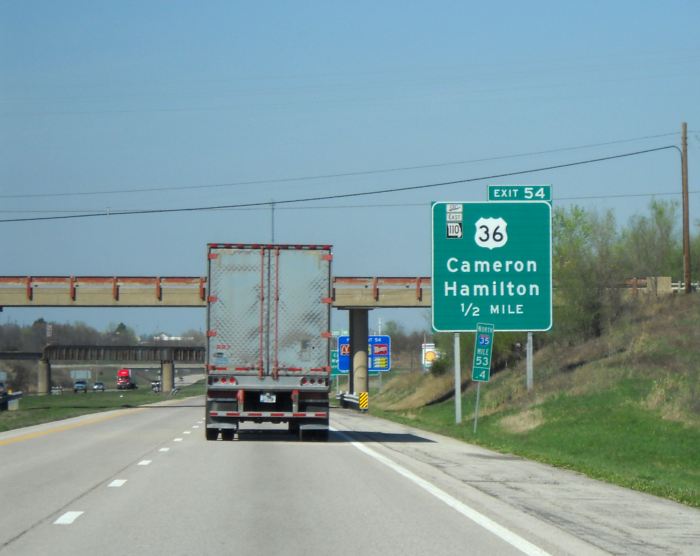 US 36 exit with Missouri 110 designation east of Cameron (2012)