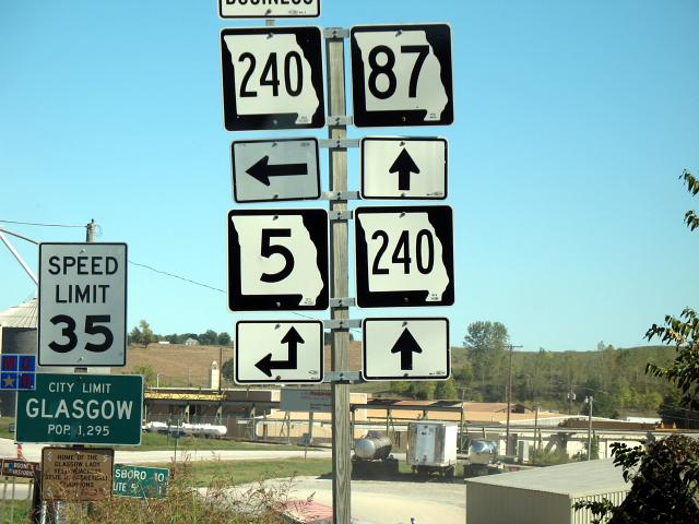 Missouri 5, 87, 240, and Business Route 240 just inside the Glasgow city limits