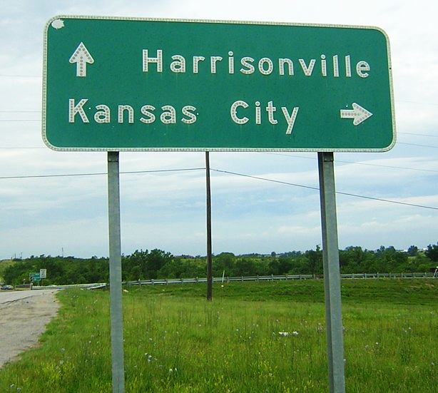 Destination sign for Kansas City and Harrisonville, Mo. from US 71