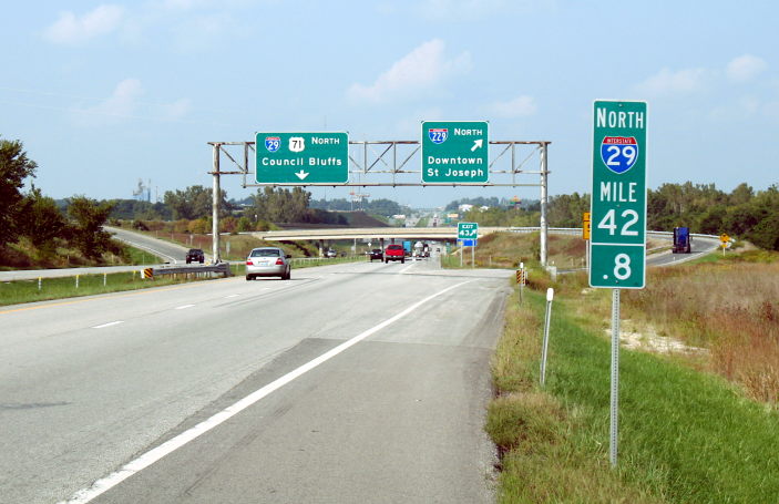 Mile marker on Interstate 29 at the Interstate 229 exit