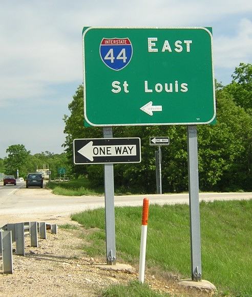 Destination sign for St. Louis at the Interstate 44 freeway entrance serving Leasburg, Mo.