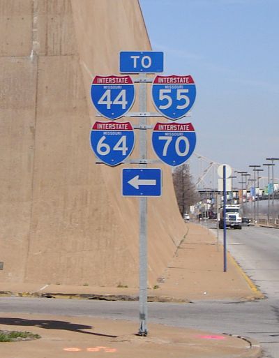 I-44, I-55, I-64, and I-70 trailblazers in St. Louis, Mo. (closeup)