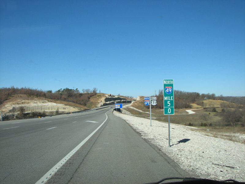 Interstate 49 mile marker at Pineville, Mo.