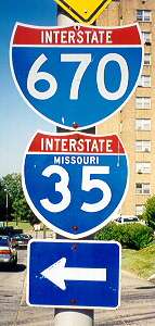 Interstate 670 without state name,
          Interstate 35 with state name, downtown Kansas City
