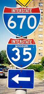 Interstate 670 without state name,
Interstate 35 with state name, downtown Kansas City