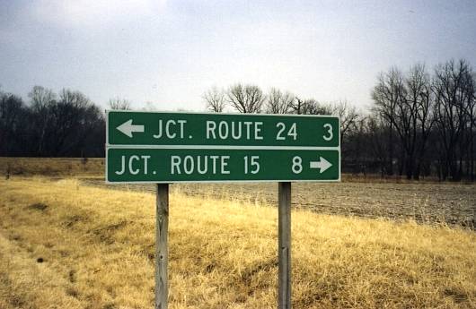 Distance signs to junctions in Monroe County, Mo.