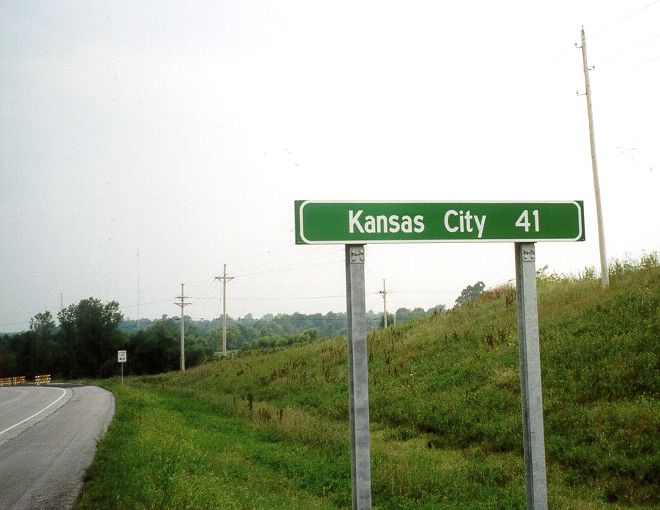 Kansas City mileage sign on US 24 near Lexington, Mo.