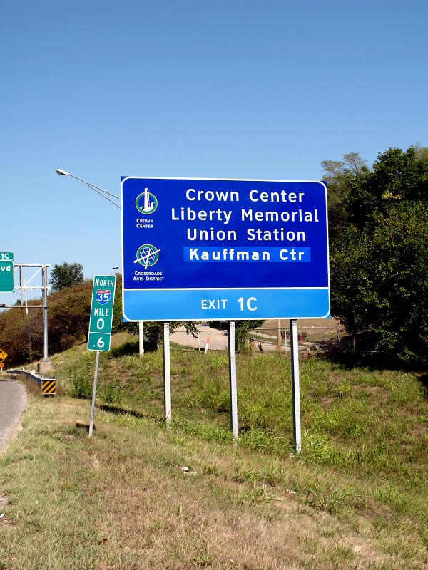Big blue sign with tourist attractions in Kansas City