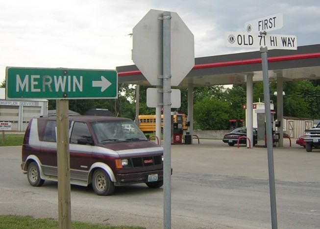 Old Highway 71 at Missouri 18 in Adrian, also pointing to the small city of Merwin