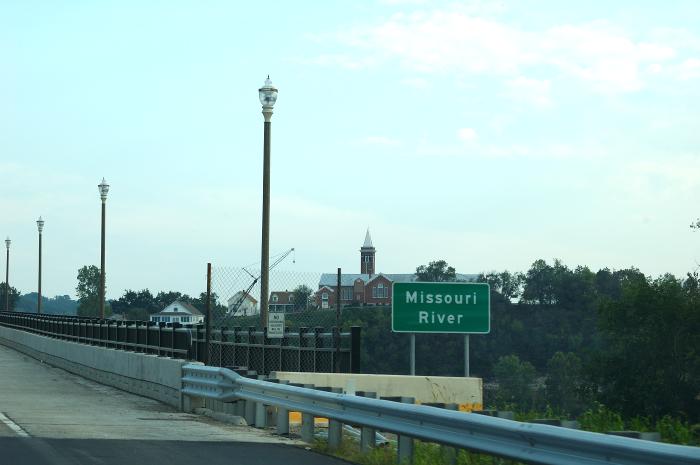 Missouri River sign on the north side of the bridge at Hermann