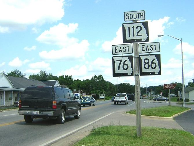 Triple concurrence of highway routes in Cassville, Mo.