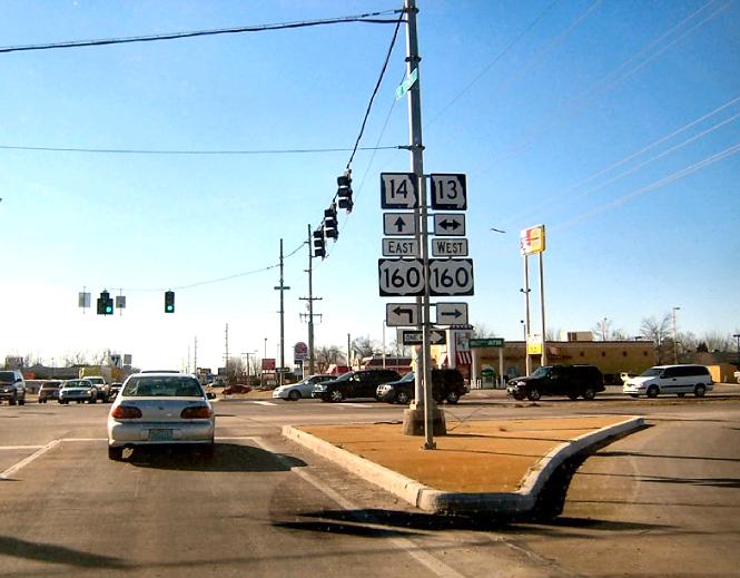 US 160, Missouri 13, and Missouri 14 intersect in Nixa (directional-arrow goof)