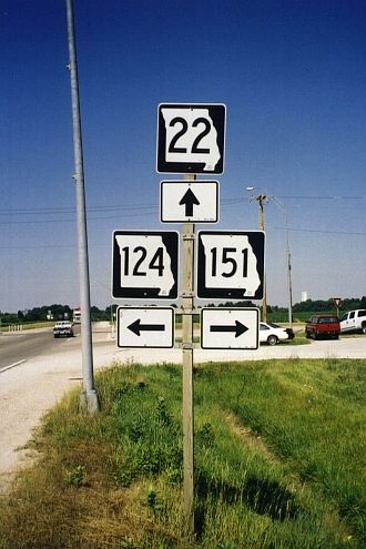 Ends of Missouri 124 and 151 at Missouri 22 in Centralia