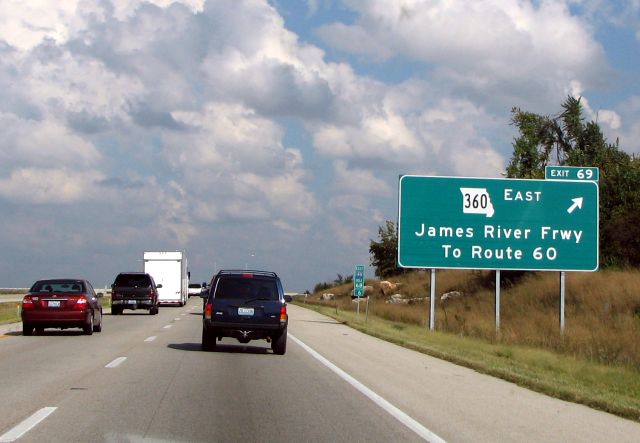 To Route 60 spelled out on the Missouri 360 exit sign from Interstate 44 eastbound