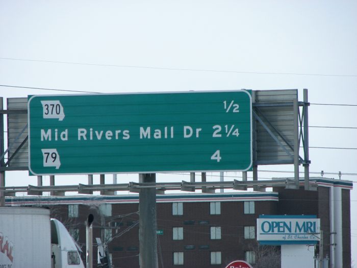 Destination sign for upcoming exits on Interstate 70 in St. Peters, Mo.