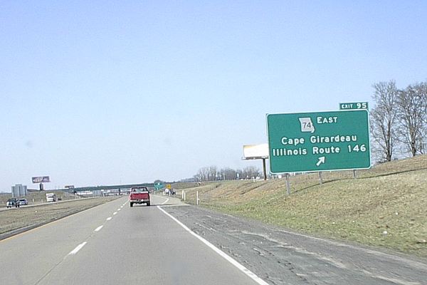 Missouri 74 with destination of Illinois Route 146 (at the exit)