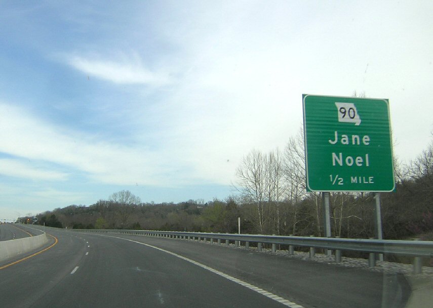 Upcoming Missouri 90 exit from US 71 near Jane