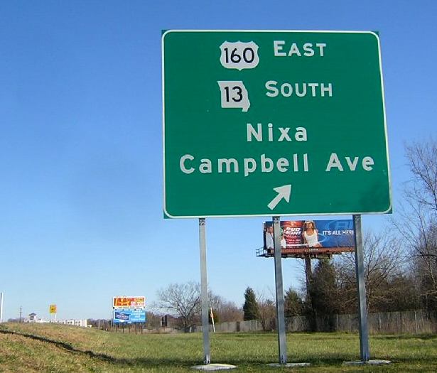Exit sign for US 160 and Missouri 13 in Springfield, Mo.