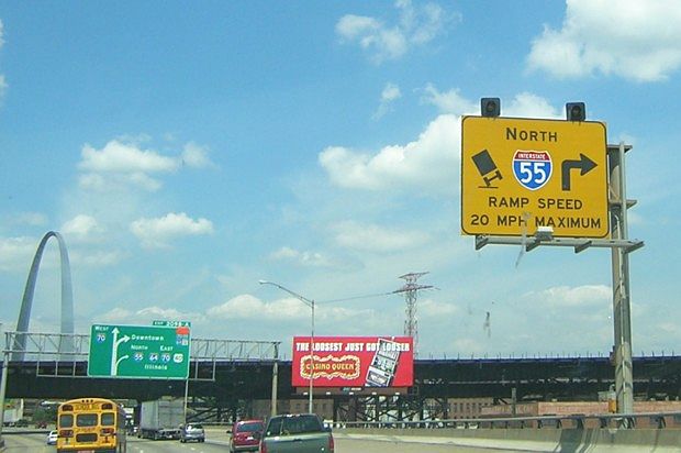 Speed warning as Interstate 55 turns onto the Poplar Street Bridge in St. Louis