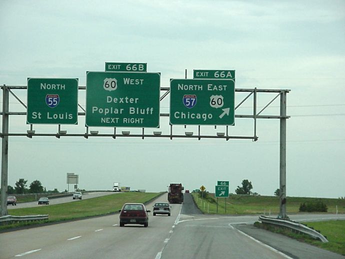 Interstate 55 northbound at Interstate 57 and US 60 in Scott County, Mo.