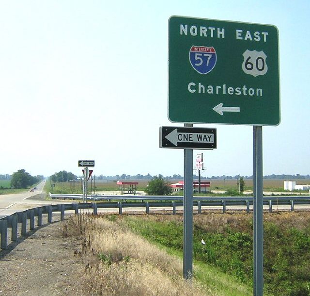 Button reflectors on freeway entrance west of Charleston, Mo.