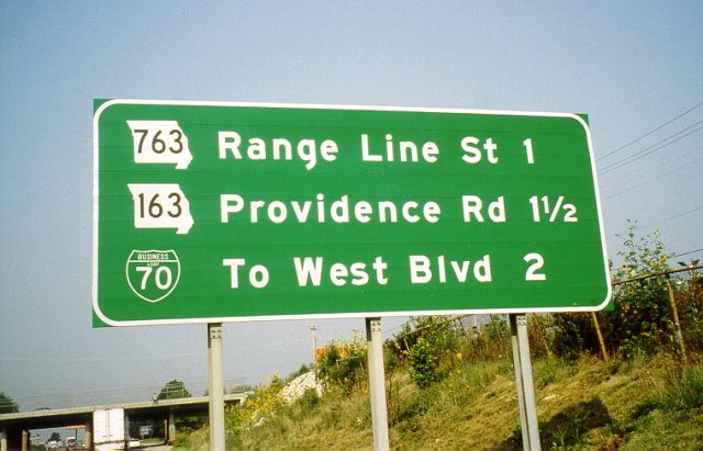 Sign for upcoming exits on Interstate 70 in Columbia, Mo.