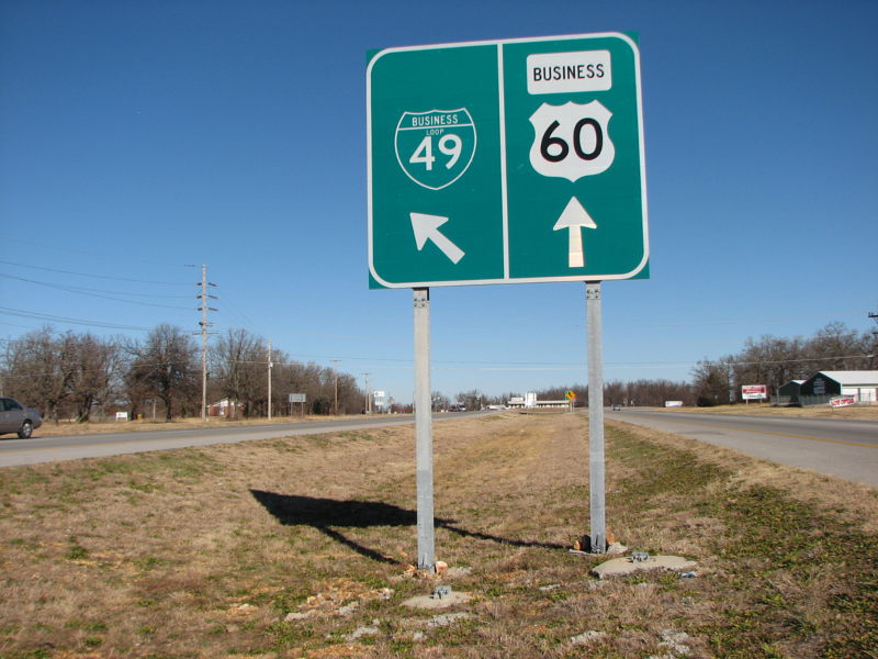 Regular-sized Business Loop 49 shield at Neosho, Mo.