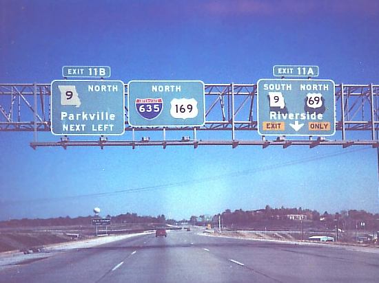 Exits on Interstate 635 northbound at Riverside, Mo.