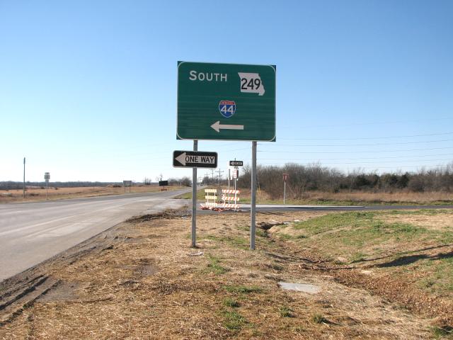 Missouri 249 and (small-shield) Interstate 44 used as destinations from Zora Street in Joplin
