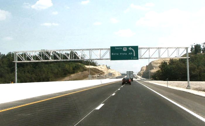 Gantry sign for US 71 at possible location of future Interstate 49 in McDonald County, Mo.