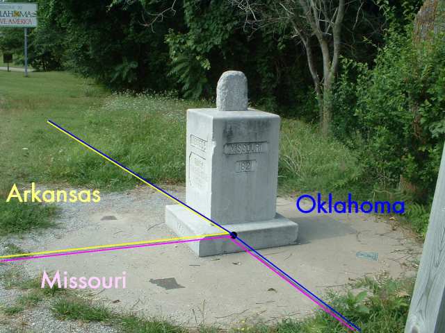 Three-state corner monument: Arkansas, Missouri plus Oklahoma
          at Southwest City, Mo.