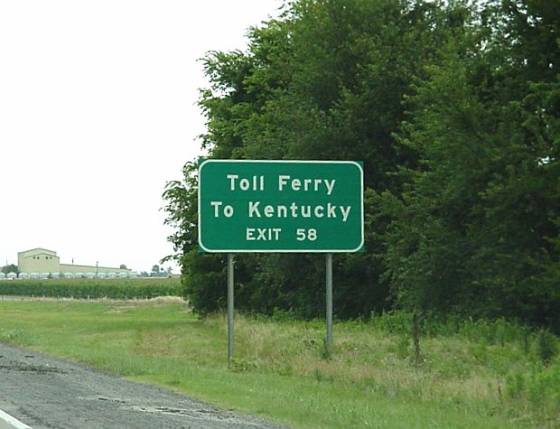 Toll ferry sign from Interstate 55 in Missouri, 26 miles away from the ferry itself