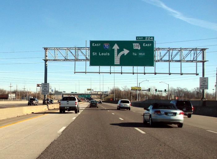 Graphical exit sign plus truck restriction on Interstate 70 in St. Peters, Mo.