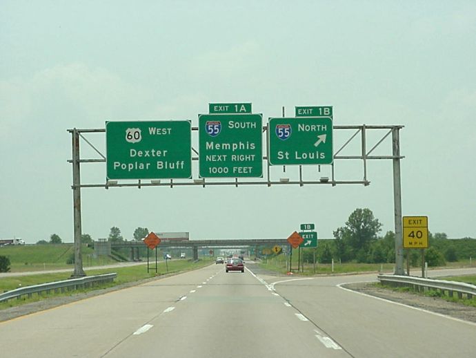 Unmarked end of Interstate 57 at Interstate 55 and US 60 in Scott County, Mo. near Sikeston