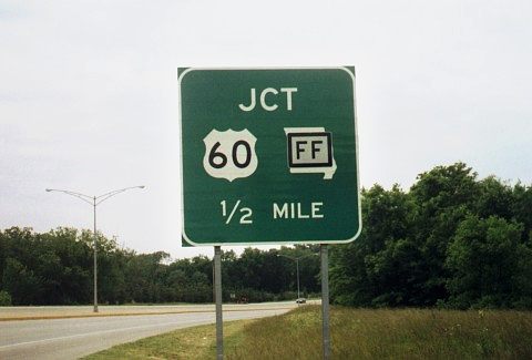 Route FF sign covers Missouri 13 marker from US 160