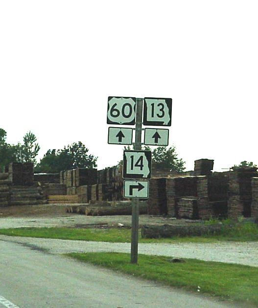 Missouri 14 about to turn from US 60 and Missouri 13 in Billings (2001)