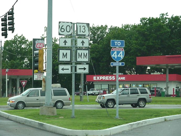 Four major types of route markers in Missouri at an intersection in Republic (2001)