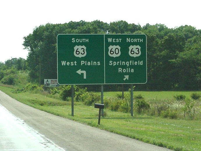 US 60 and US 63 intersect just southeast of Willow Springs, Mo. (advance sign)