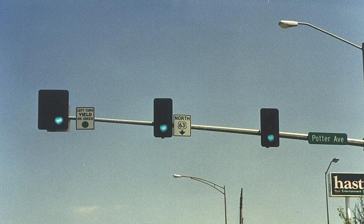 US 63 directional sign on signal mast in Kirksville, Mo.