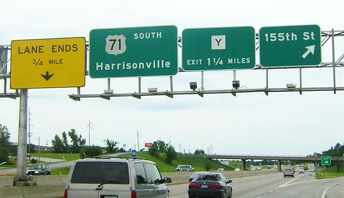 Sign gantry on US 71 on the Grandview-Kansas City (Mo.) line