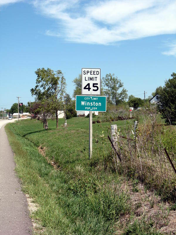 Winston city limits sign in mixed-case on US 69