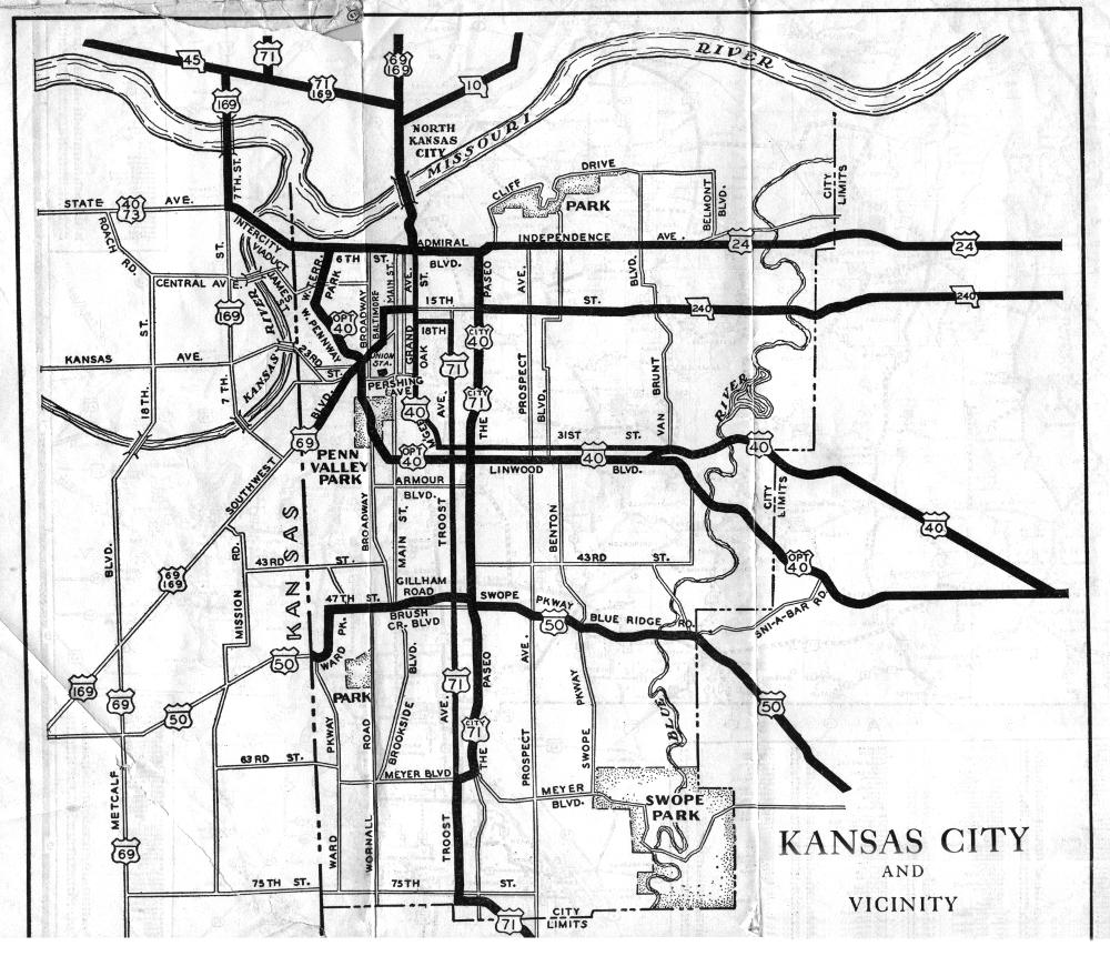 Section of 1937 official highway map for Missouri