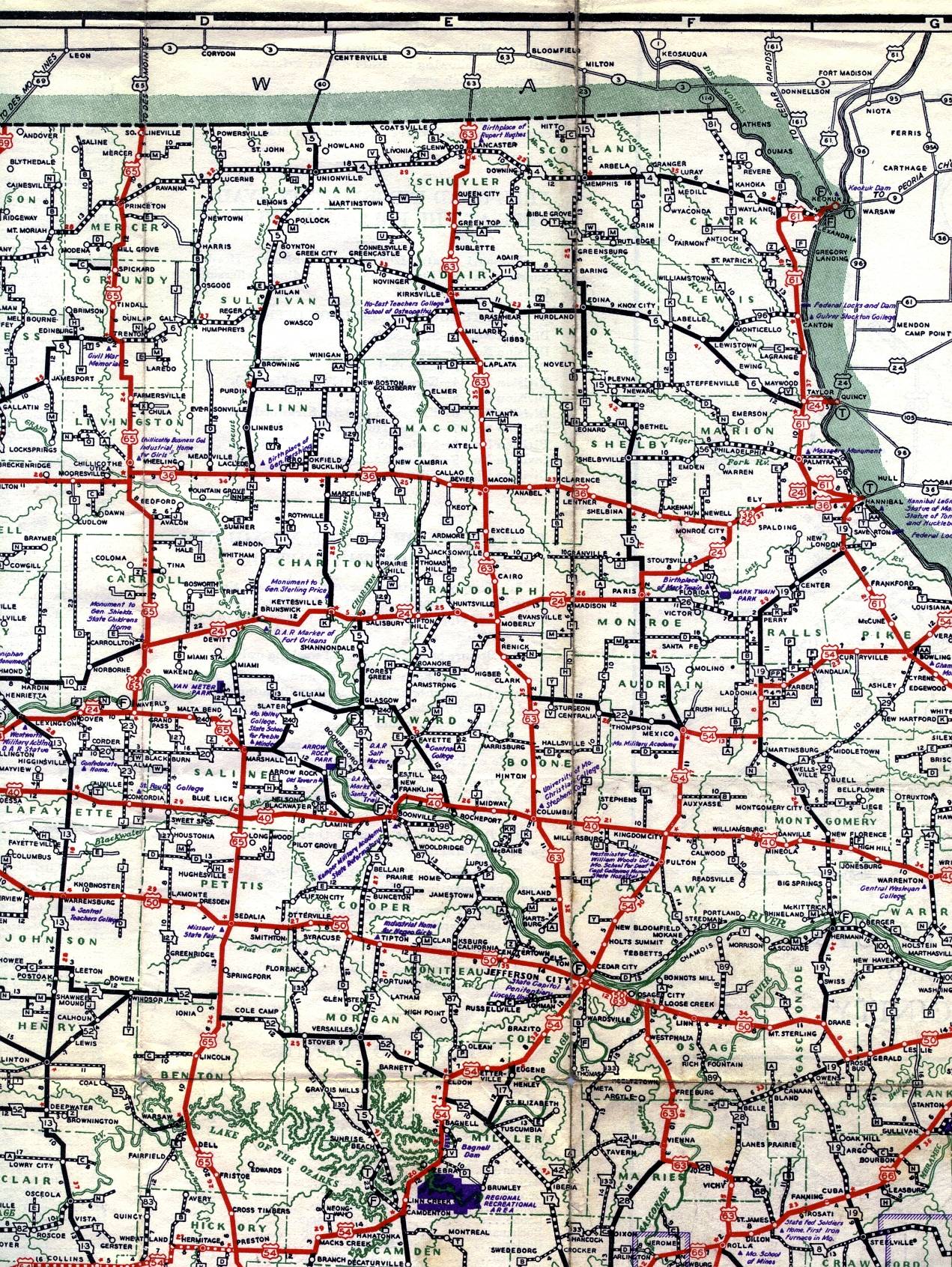 Section of 1937 official highway map for Missouri