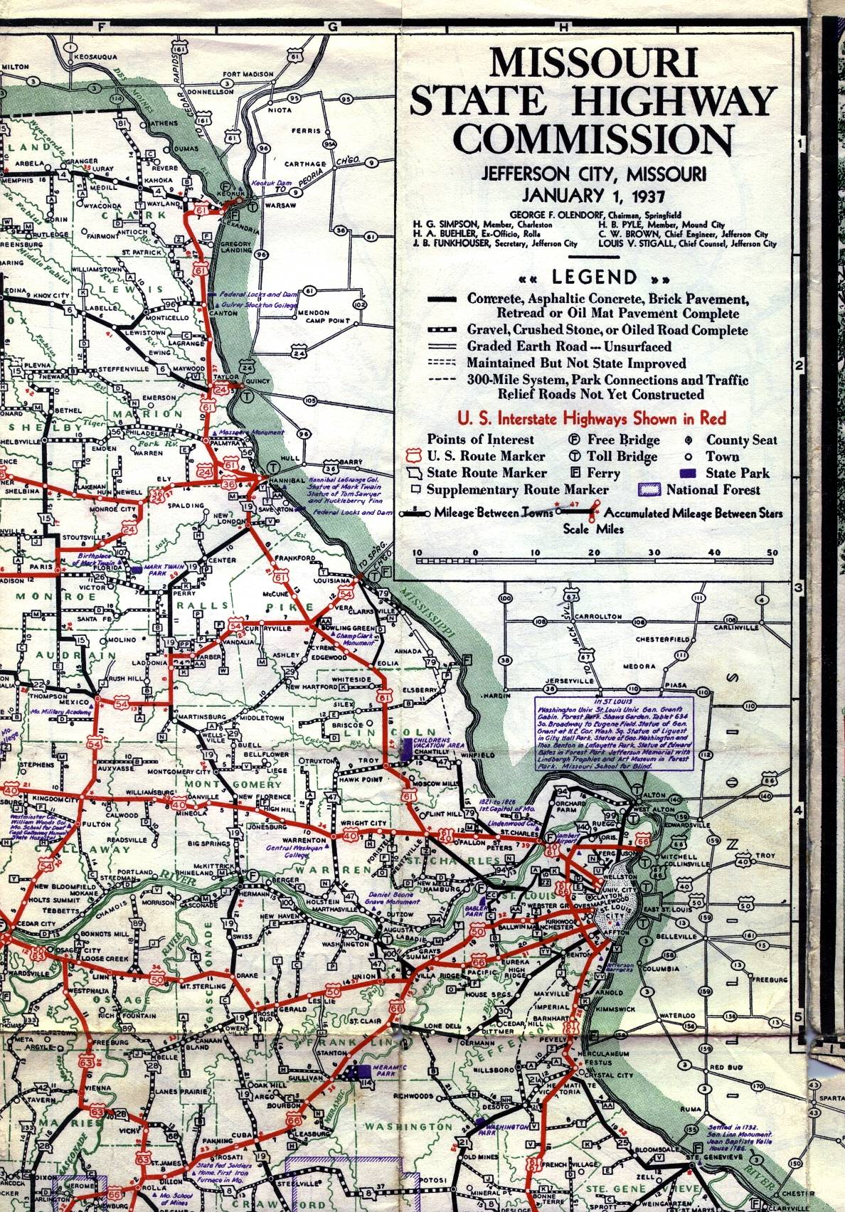 Section of 1937 official highway map for Missouri